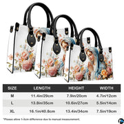 Size comparison chart showing three dimensions for praying Madonna handbag.