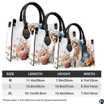 Size comparison chart showing three dimensions for praying Madonna handbag.