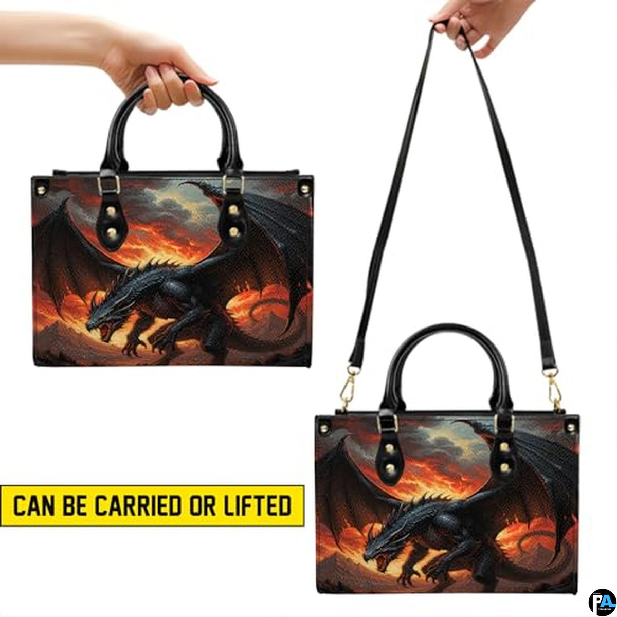 Personalized Black Dragon with Fiery Background Shoulder Bag