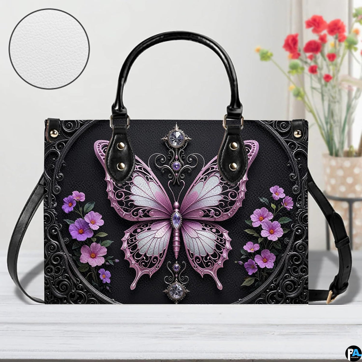 Interior view of gothic butterfly handbag showing open storage compartment with fabric lining