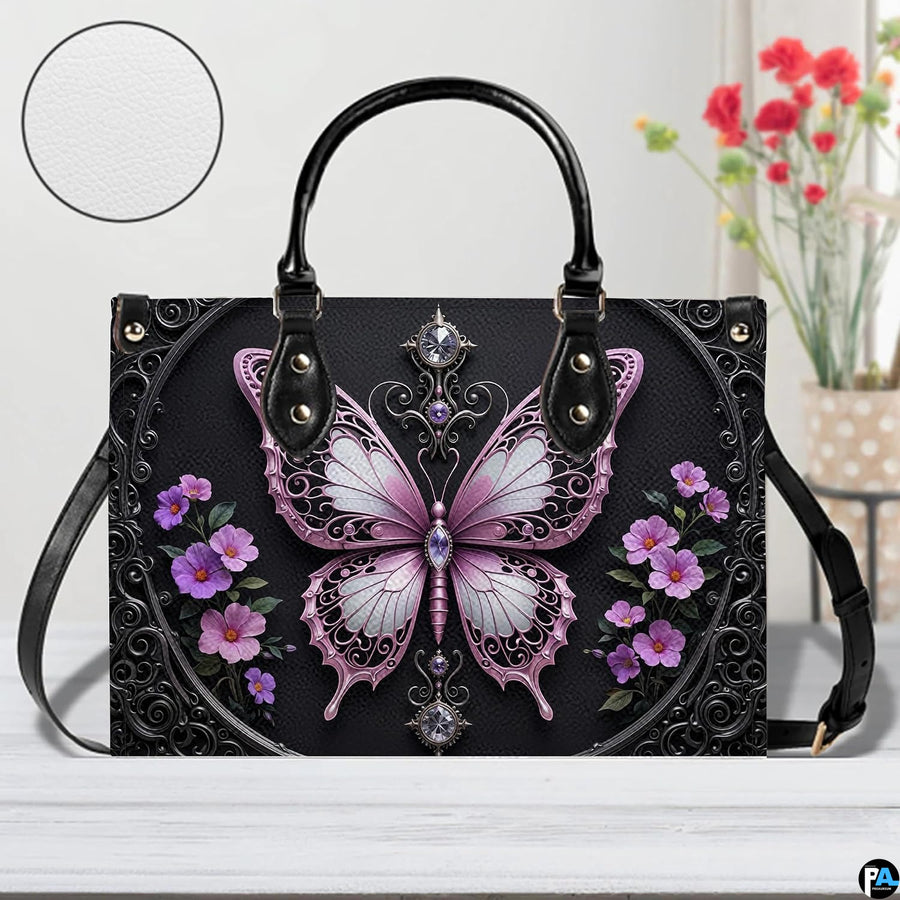 Interior view of gothic butterfly handbag showing open storage compartment with fabric lining