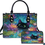 Studio presentation of black cat water lily art alongside matching rectangular companion accessory.