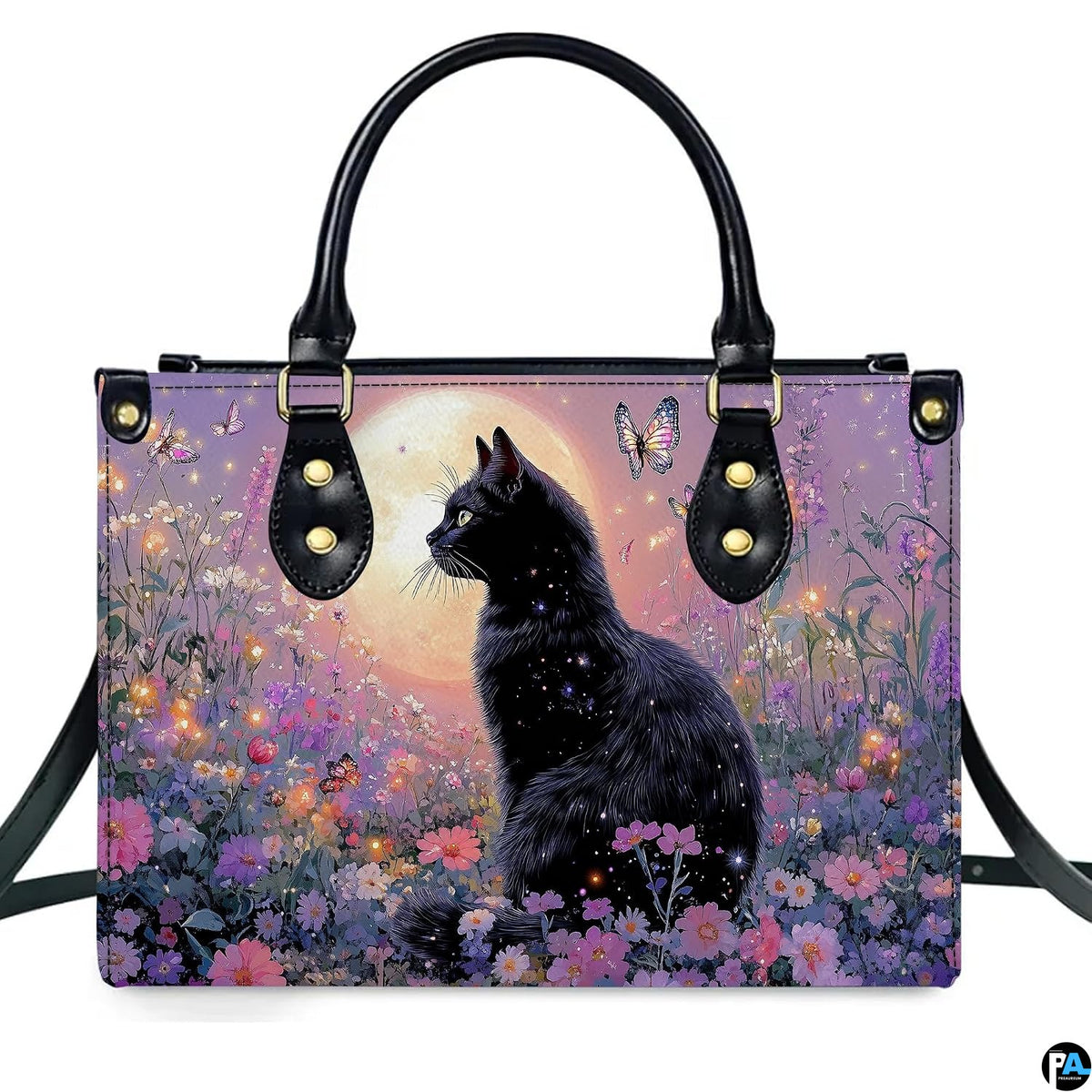 Front studio view showing black cat, butterflies, fireflies, and wildflowers under a glowing twilight moon.