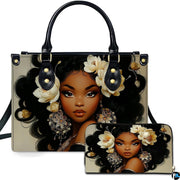 Afrocentric woman portrait with creamy white gardenia blossoms and circular mandala filigree earrings.