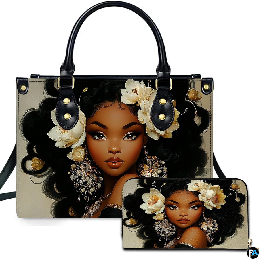 Afrocentric woman portrait with creamy white gardenia blossoms and circular mandala filigree earrings.