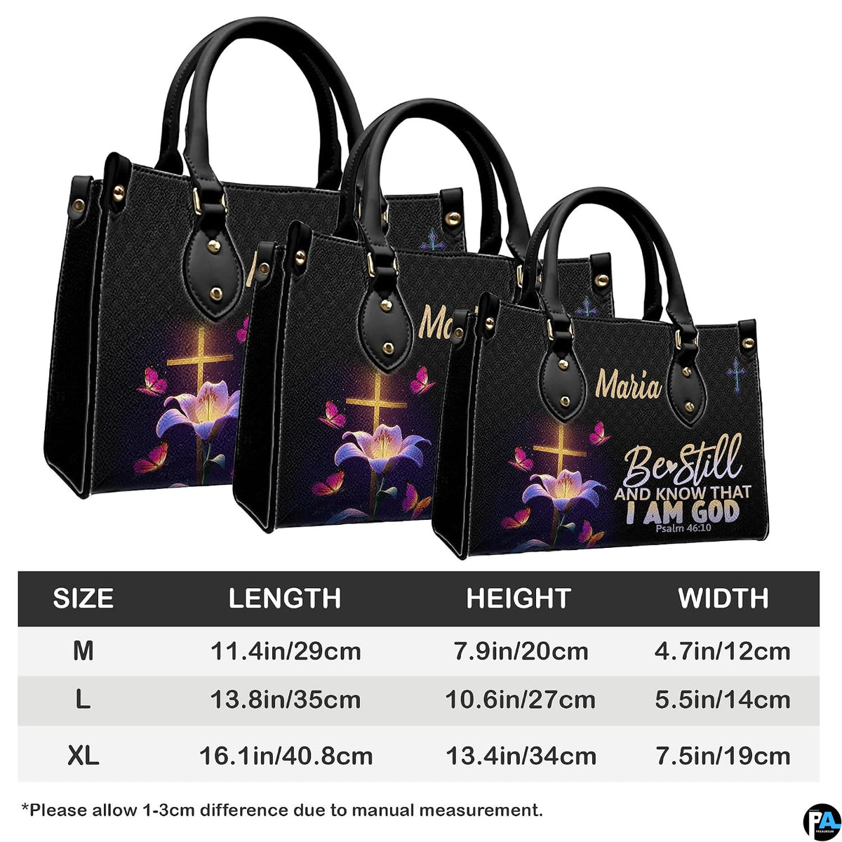 Size chart illustrating dimensions for medium, large, and extra large floral cross handbags.