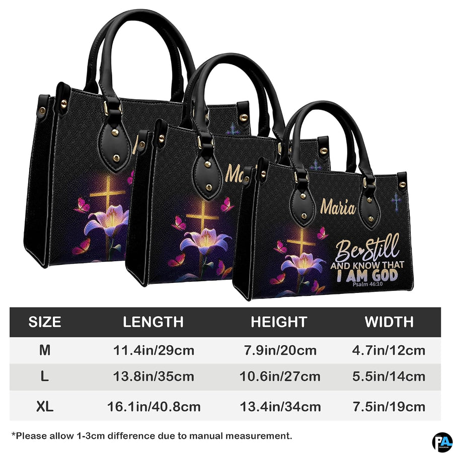 Size chart illustrating dimensions for medium, large, and extra large floral cross handbags.