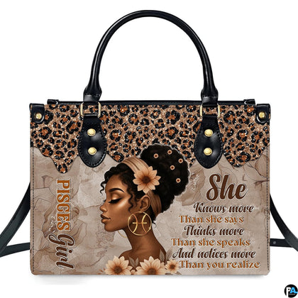 Pisces zodiac afro woman handbag with profile portrait and leopard drip border on white.