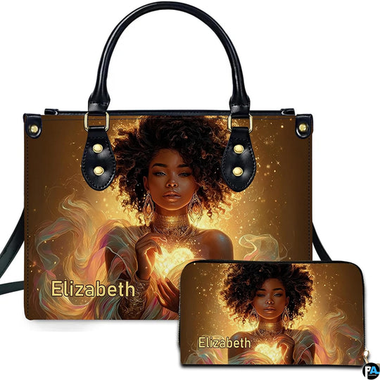Handbag and matching wallet with afro woman holding glowing heart artwork