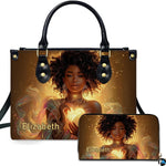 Handbag and matching wallet with afro woman holding glowing heart artwork