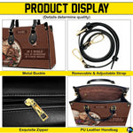 Four-panel detail of handbag showing metal buckles, adjustable strap, zipper closure, and interior
