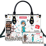 Chibi scrub cap nurse handbag and matching wallet set displayed upright on white background.