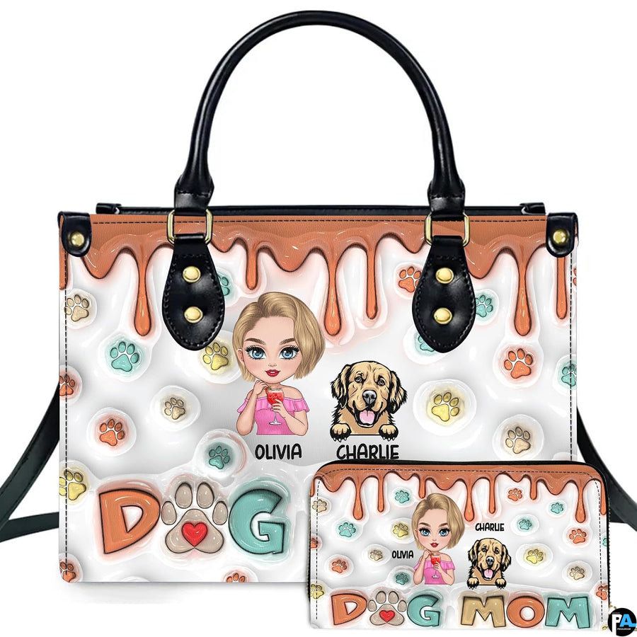 Front view of cartoon girl and puppy handbag with matching wallet featuring caramel drip border and paw prints.