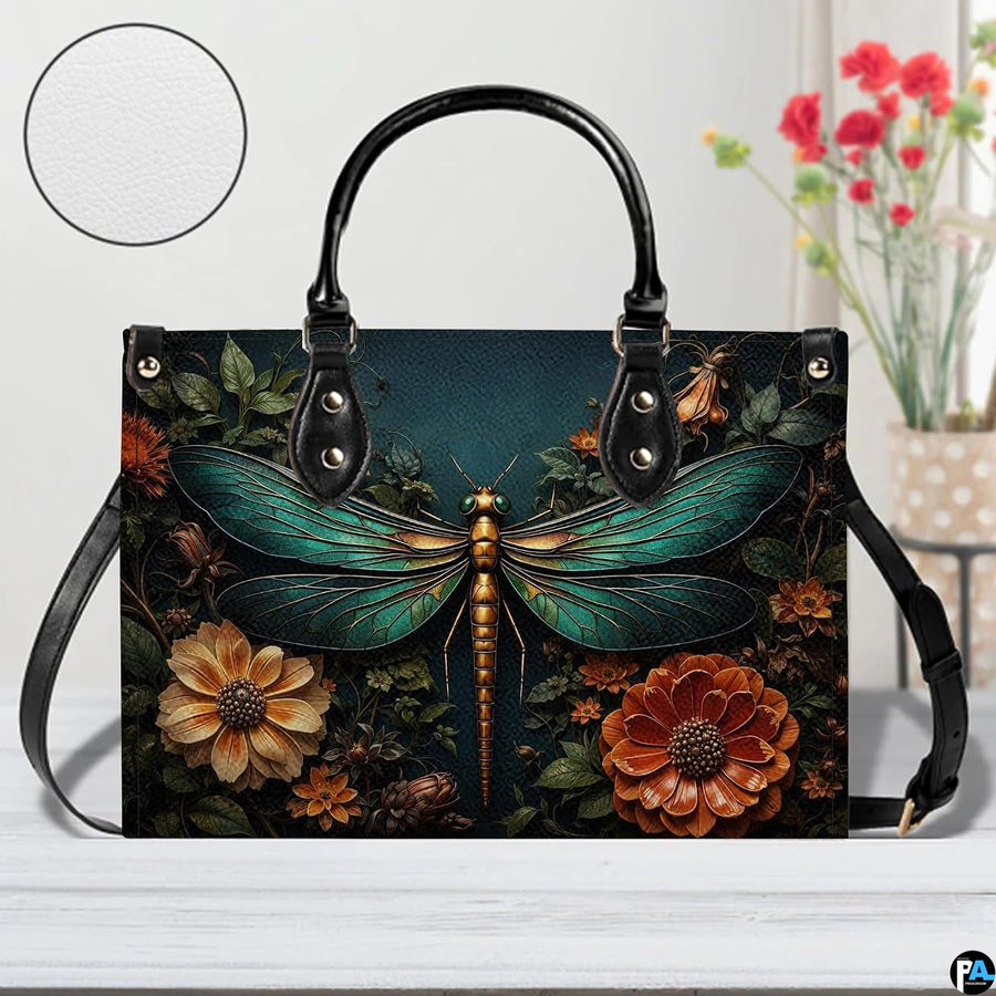 Matching zip-around wallet featuring emerald dragonfly and blooming autumn floral artwork