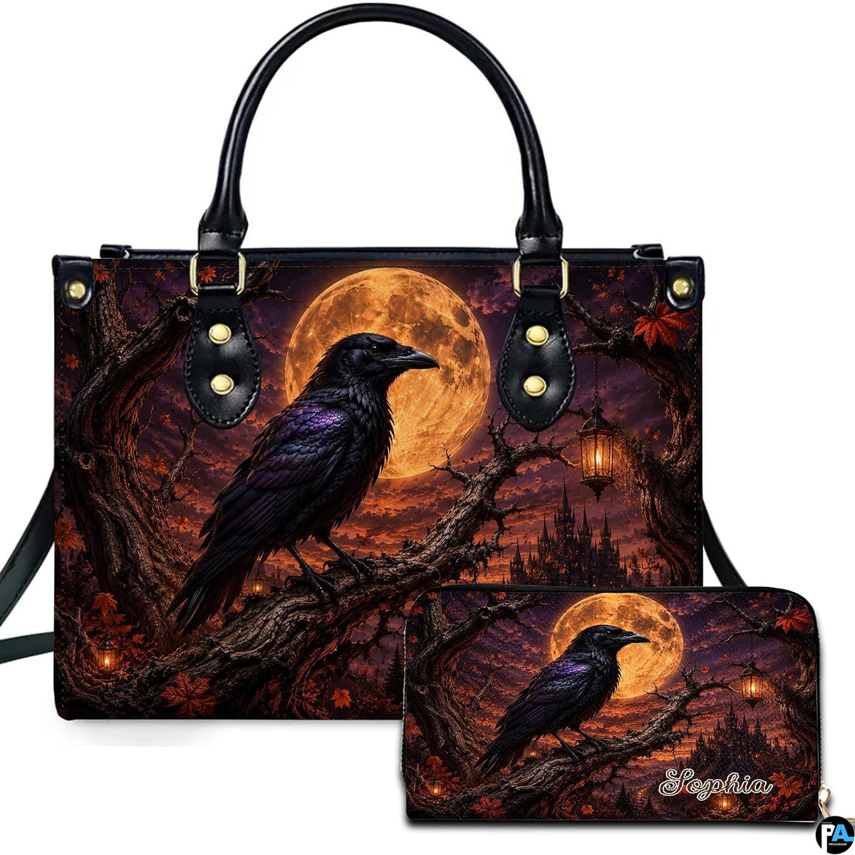 Personalized Halloween Gothic Leather Handbag Custom Raven Black Cat Purse Dark Fantasy Shoulder Bag Gift for Women