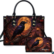 Personalized Halloween Gothic Leather Handbag Custom Raven Black Cat Purse Dark Fantasy Shoulder Bag Gift for Women