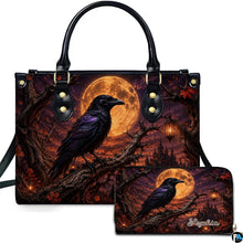 Personalized Halloween Gothic Leather Handbag Custom Raven Black Cat Purse Dark Fantasy Shoulder Bag Gift for Women