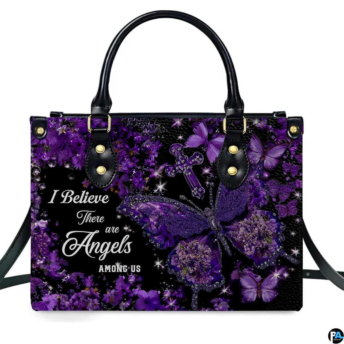 Angled perspective view of purple butterfly cross handbag highlighting sparkling botanical details.