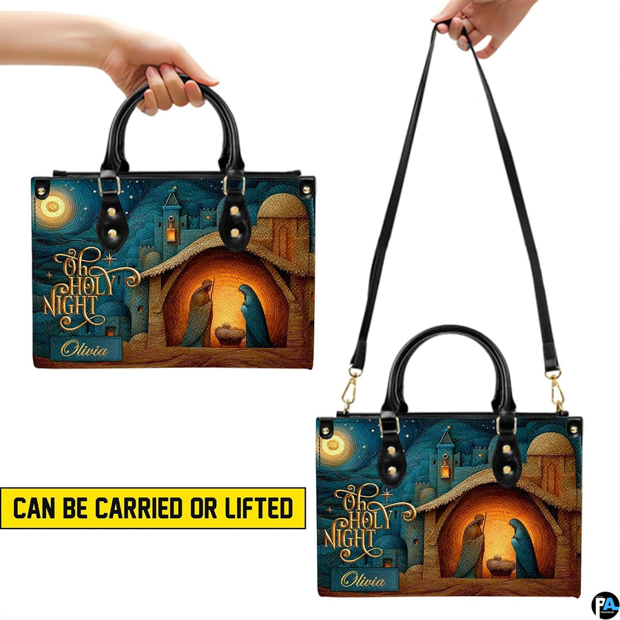 Side perspective view of Bethlehem nativity handbag and wallet showing structured profile