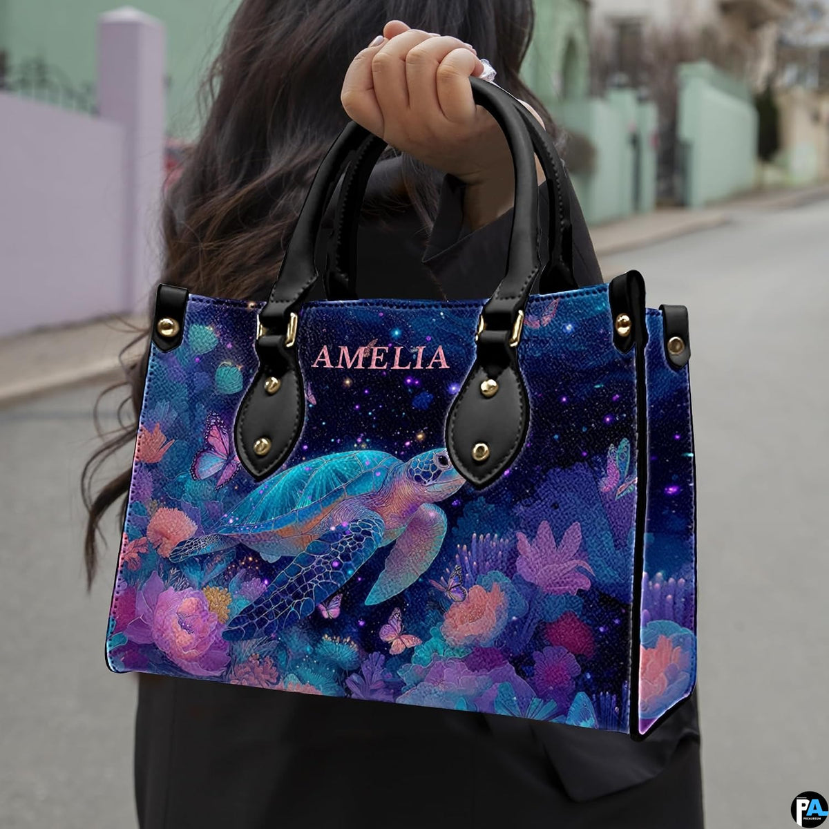 Angled front view displaying the glowing celestial sea turtle and vibrant floral coral reef.