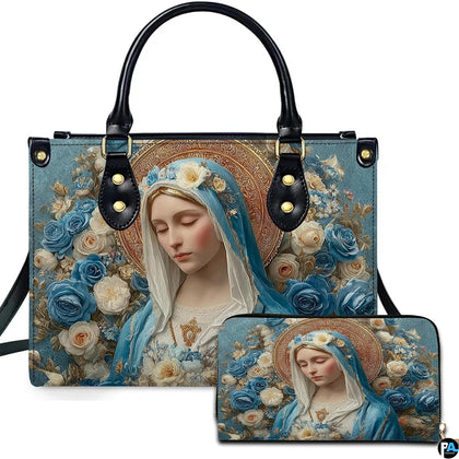 Contemplative Madonna handbag and matching wallet set with cerulean veil and blue roses