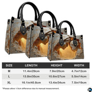 Dimensions diagram for Virgin Mary devotional handbag and matching wallet