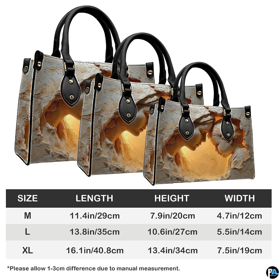 Dimensions diagram for Virgin Mary devotional handbag and matching wallet