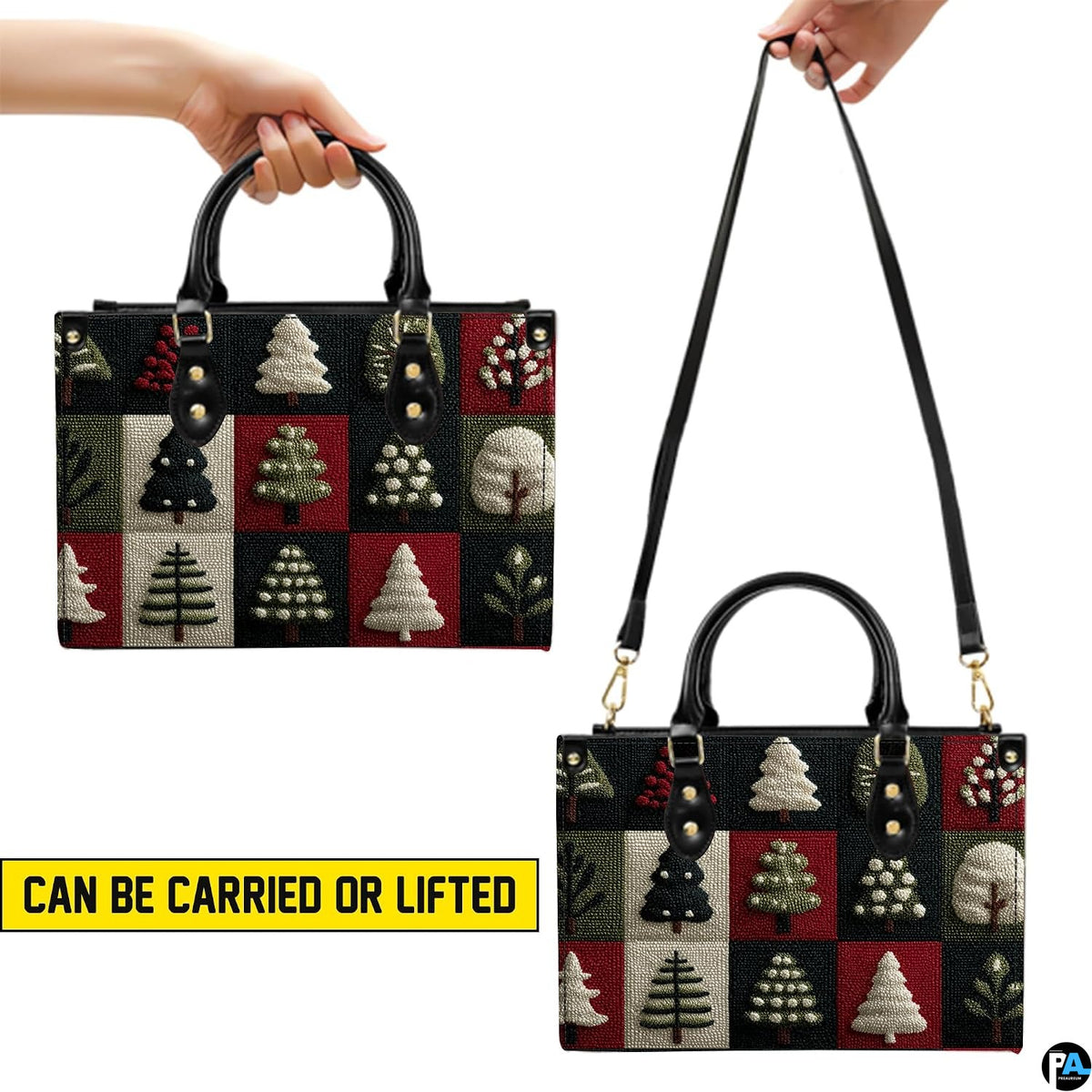 Visual presentation demonstrating dual handle orientations of the evergreen tree patchwork item