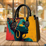 Handbag on wooden table with blurred cafe background