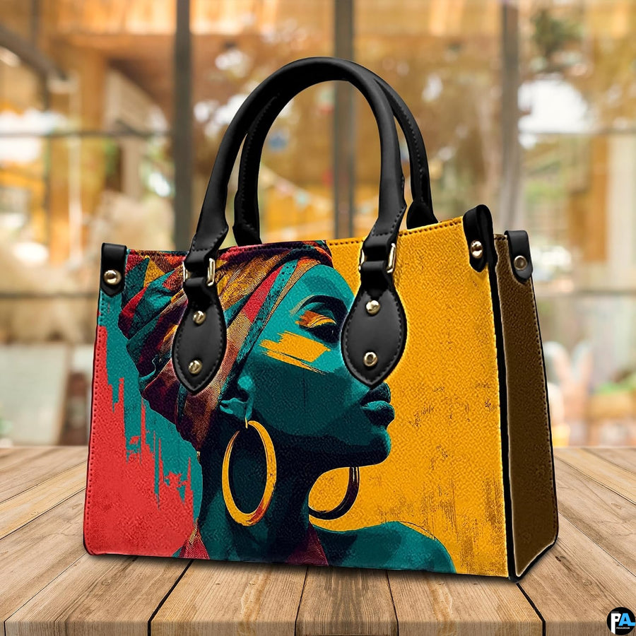 Handbag on wooden table with blurred cafe background