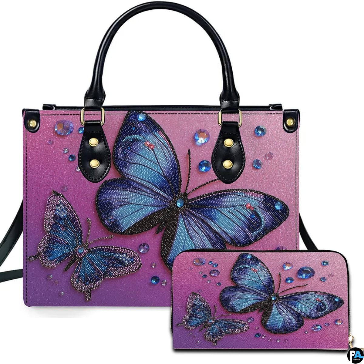 Front view of vibrant blue butterfly handbag and matching wallet set on magenta-to-purple ombre background.