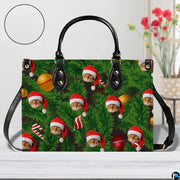 Front studio shot of structured holiday handbag showing Christmas tree pine needles and Santa cat motif