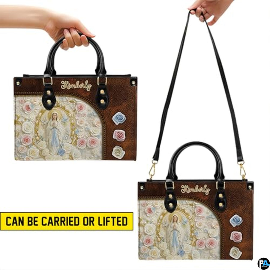 Custom Catholic Virgin Mary Leather Bag, Personalized Name Handbags and Purses for Christian Women Religious Bag Gifts