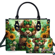 St. Patrick Highland cow wearing green heart glasses and plaid bow drinking clover iced drink
