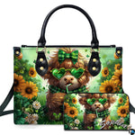 St. Patrick Highland cow wearing green heart glasses and plaid bow drinking clover iced drink