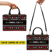 Coordinating holiday wallet featuring matching Nordic Fair Isle sweater pattern and chevron borders.