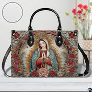 Handbag displayed outdoors in daylight showing textured fresco and rose details.