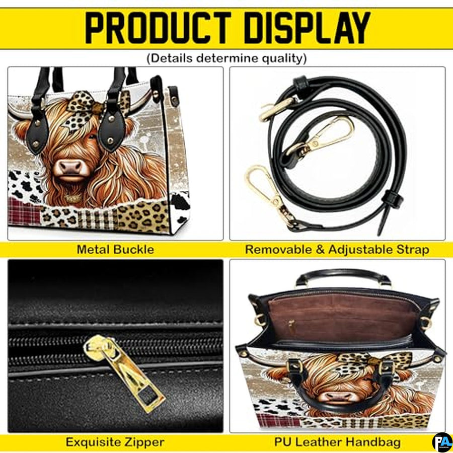Highland Cow Leather Handbag Custom Cow Purse for Women Country Farm PU Leather Tote Gifts for Farmers Girls Mom Gift