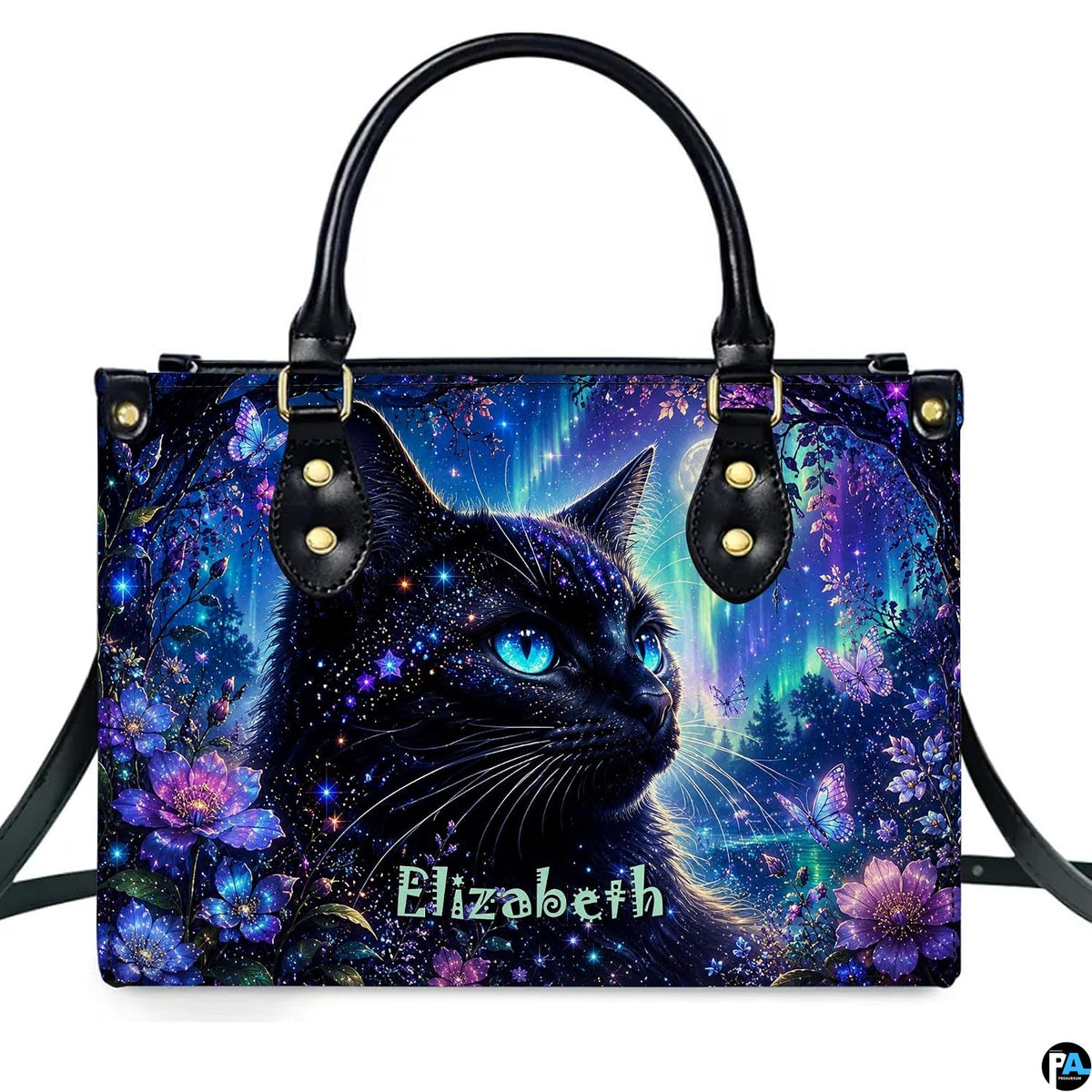 Front studio shot of starlight black cat, aurora borealis, full moon, and glowing blossoms.
