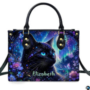 Front studio shot of starlight black cat, aurora borealis, full moon, and glowing blossoms.