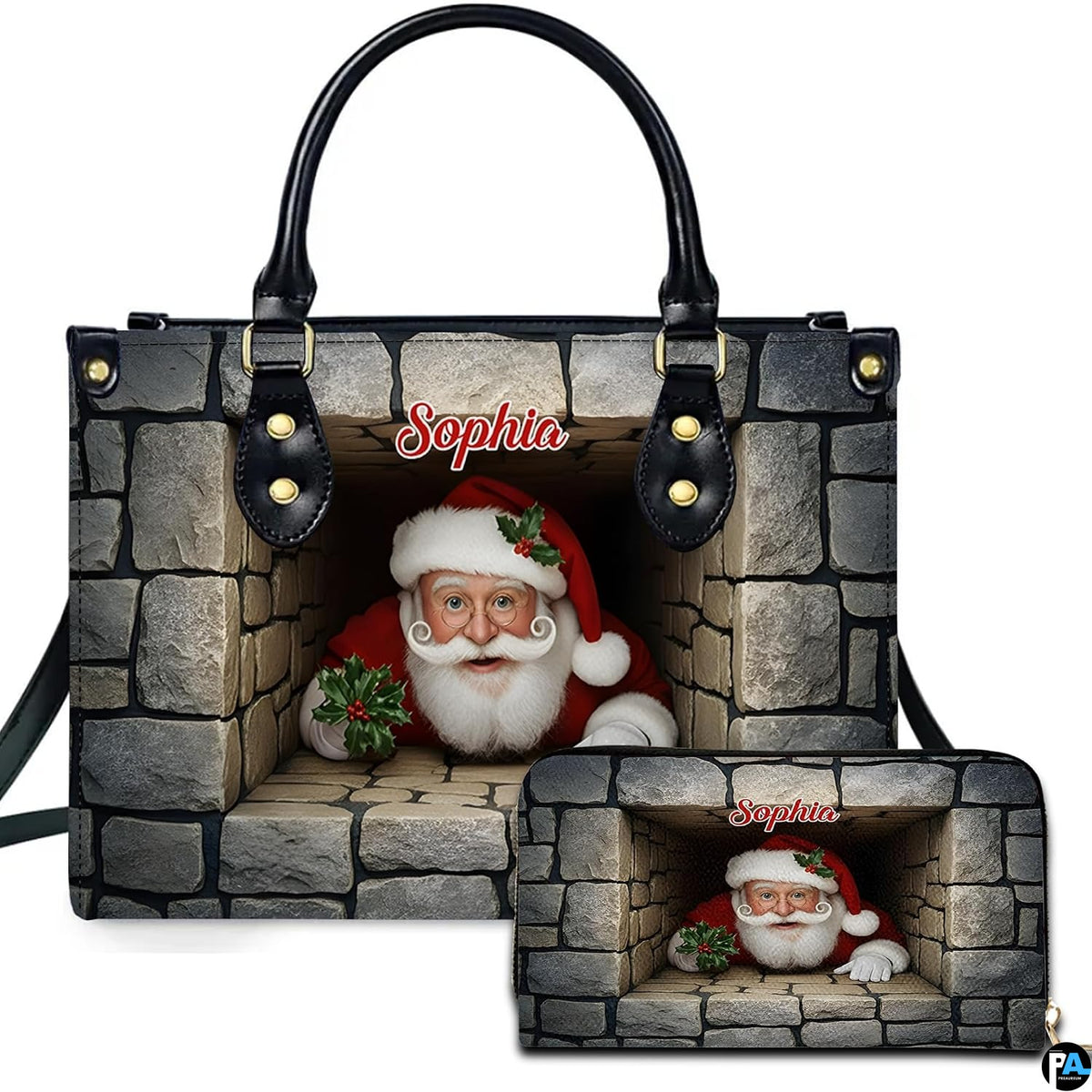 Front view of holiday accessory set showing Santa Claus in a stone fireplace with flowing cursive lettering.