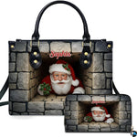 Front view of holiday accessory set showing Santa Claus in a stone fireplace with flowing cursive lettering.