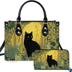 Studio presentation of black cat in forest art alongside matching rectangular companion accessory.