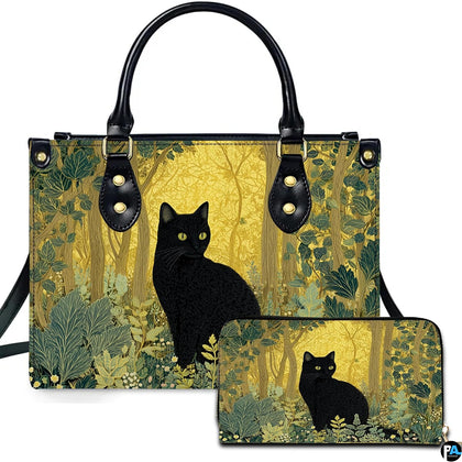 Studio presentation of black cat in forest art alongside matching rectangular companion accessory.