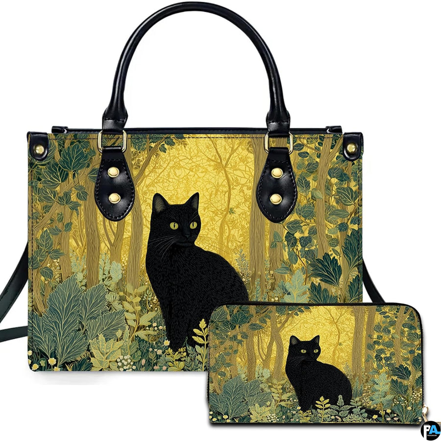Studio presentation of black cat in forest art alongside matching rectangular companion accessory.