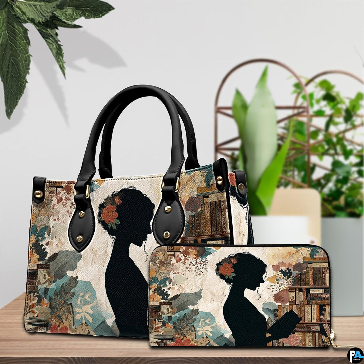 Three-quarter perspective view of vintage book collage handbag on a rustic wooden table.
