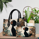 Three-quarter perspective view of vintage book collage handbag on a rustic wooden table.