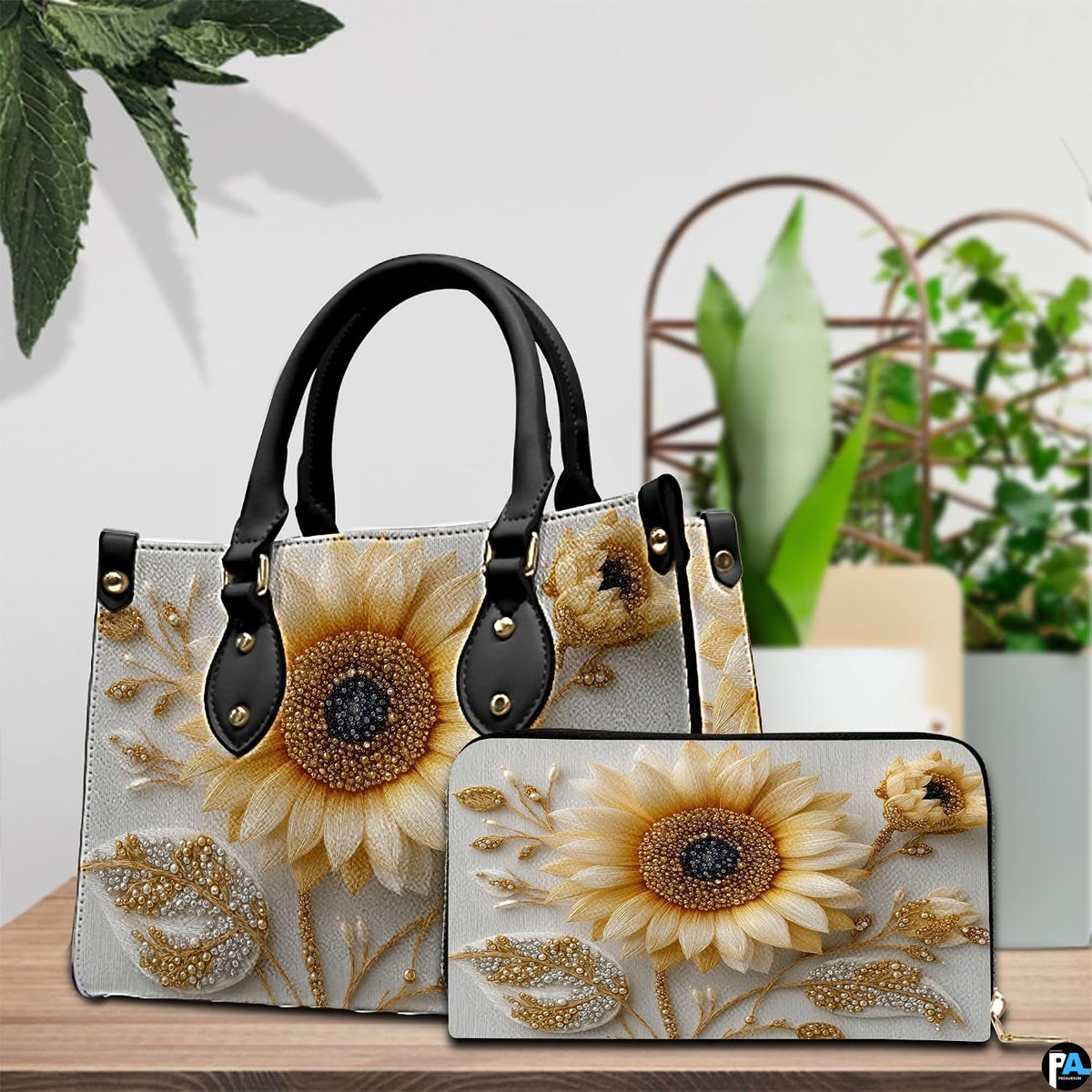 Open interior view of matching sunflower wallet displaying card slots and zipper pocket.