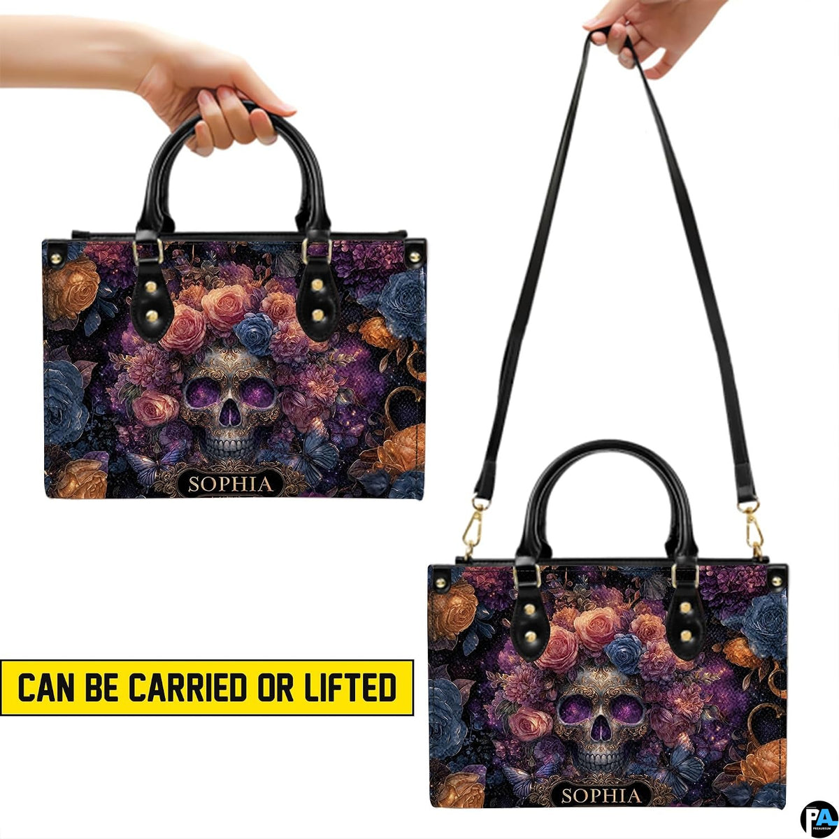 Cosmic skull floral handbag carrying demonstration showing top handle and shoulder strap carry.