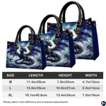 Measurement guide illustration presenting dimensional proportions for three handbag choices.